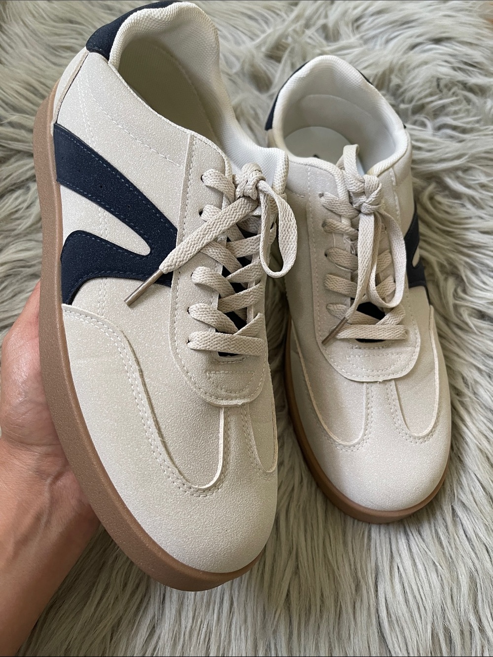 Very G Cream Lace-Up Sneakers with Navy Accent and Gum Sole